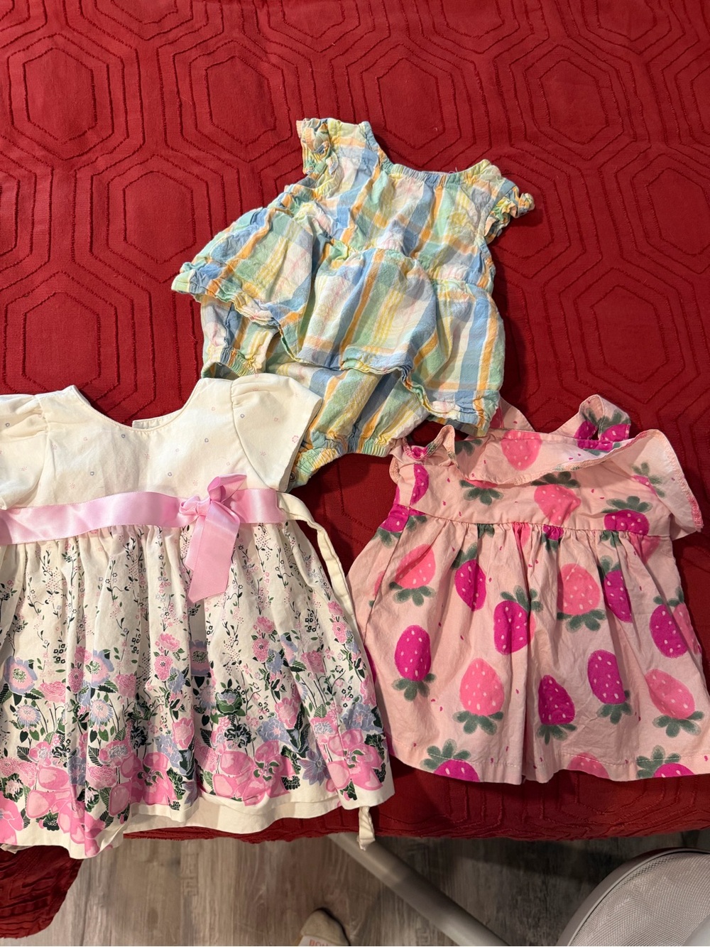 Three Baby Girl Dresses - Pastel Stripes, Floral Bow, Strawberry Print